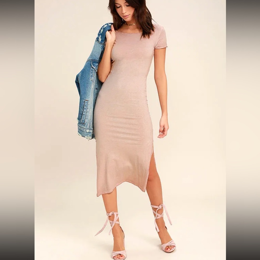 Elegant Cotton Pink Midi Dress with Side Slit